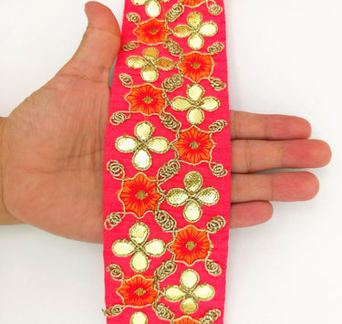 Radical Red Art Silk Fabric Trim, Orange & Gold Floral Embroidery Gota Patti Indian Sari Border Trim By Yard Decorative Trim Craft Lace